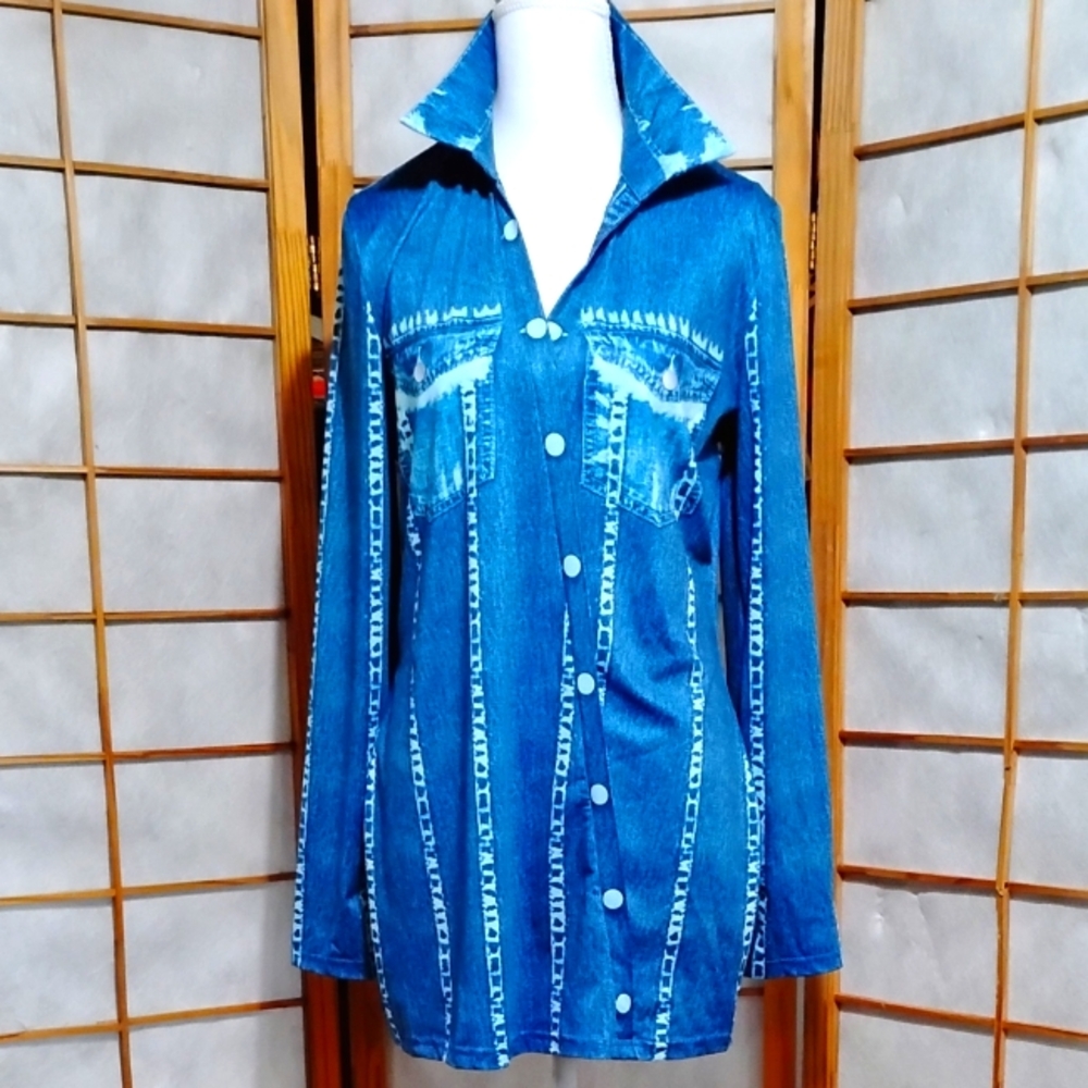 Blue Denim Print Button-Up Shirt